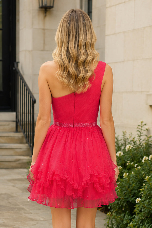 One-Shoulder Beaded Ruffle Homecoming Dress in Hot Pink - KissProm