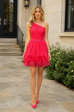 One-Shoulder Beaded Ruffle Homecoming Dress in Hot Pink - KissProm
