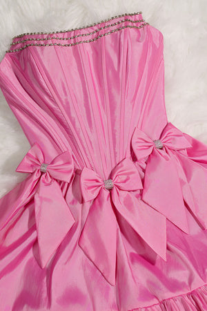 Pink Strapless Beaded Short Homecoming Dress with Bow - KISSPROM