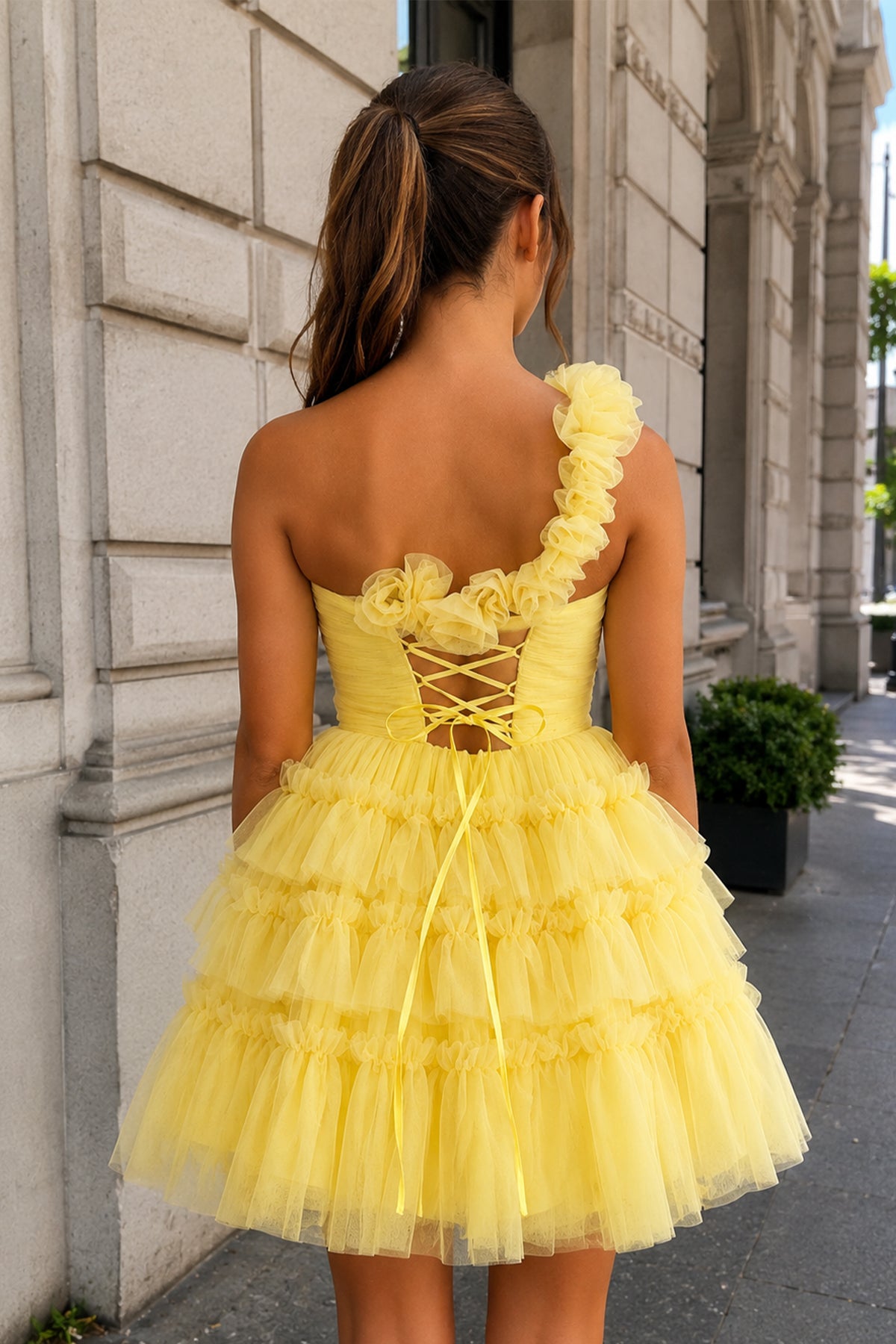 KissProm Princess Yellow One Shoulder Knotted Ruffle Short Homecoming Dress, Yellow / 10