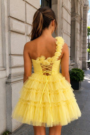Princess Yellow One Shoulder Knotted Ruffle Short Party Dress - KissProm
