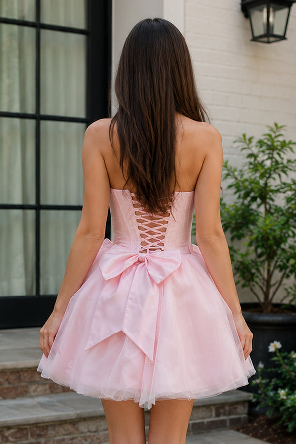 Pink Strapless Tulle A-Line Short Corset Homecoming Dress with Bow - KissProm