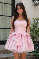 Pink Strapless Tulle A-Line Short Corset Homecoming Dress with Bow - KissProm