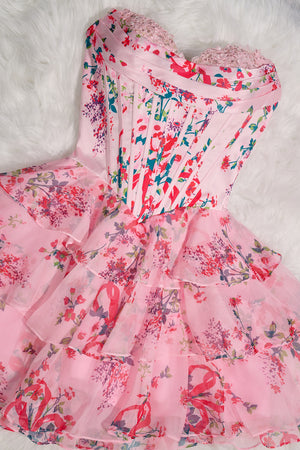 Pink A Line Sweetheart Floral Chiffon Corset Ruffled Homecoming Dresses - KISSPROM