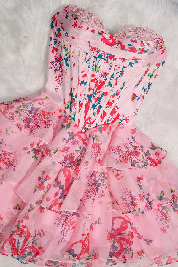 Candy Pink A Line Sweetheart Floral Chiffon Corset Ruffled Homecoming Dresses - KISSPROM