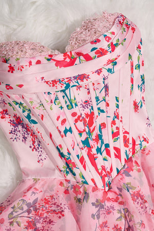 Candy Pink A Line Sweetheart Floral Chiffon Corset Ruffled Homecoming Dresses - KISSPROM