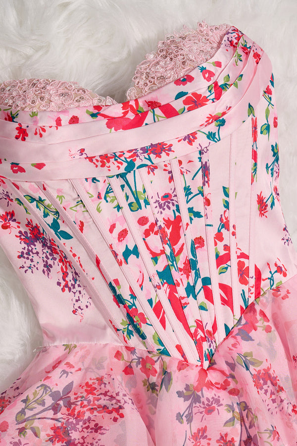 Candy Pink A Line Sweetheart Floral Chiffon Corset Ruffled Homecoming Dresses - KISSPROM