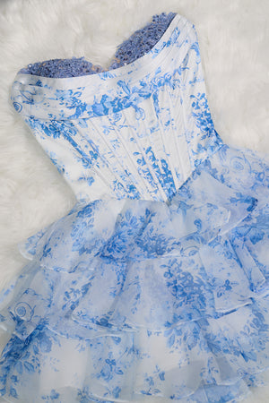 Sky Blue A Line Sweetheart Floral Chiffon Corset Ruffled Homecoming Dresses - KISSPROM