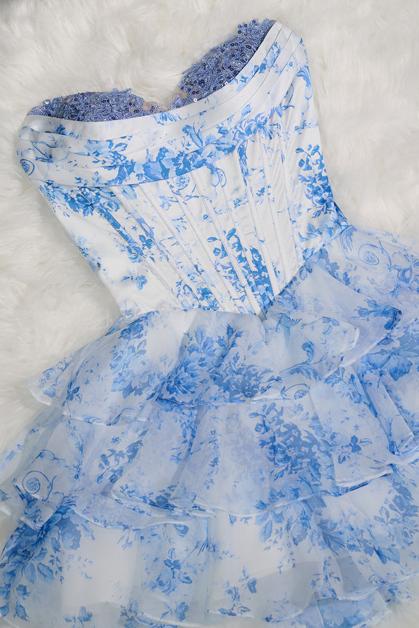 Sky Blue A Line Sweetheart Floral Chiffon Corset Ruffled Homecoming Dresses - KISSPROM
