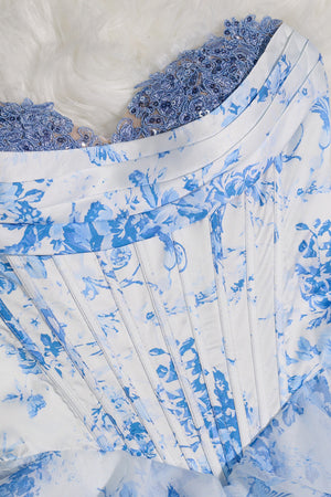 Sky Blue A Line Sweetheart Floral Chiffon Corset Ruffled Homecoming Dresses - KISSPROM