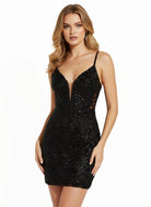 Juniper | Black - V-Neck Lace Short Homecoming Dress With Appliques
