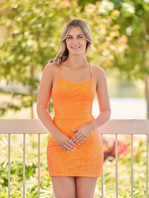 Bodycon Short Orange Scoop Neck Sequins Mini Party Dresses - KissProm