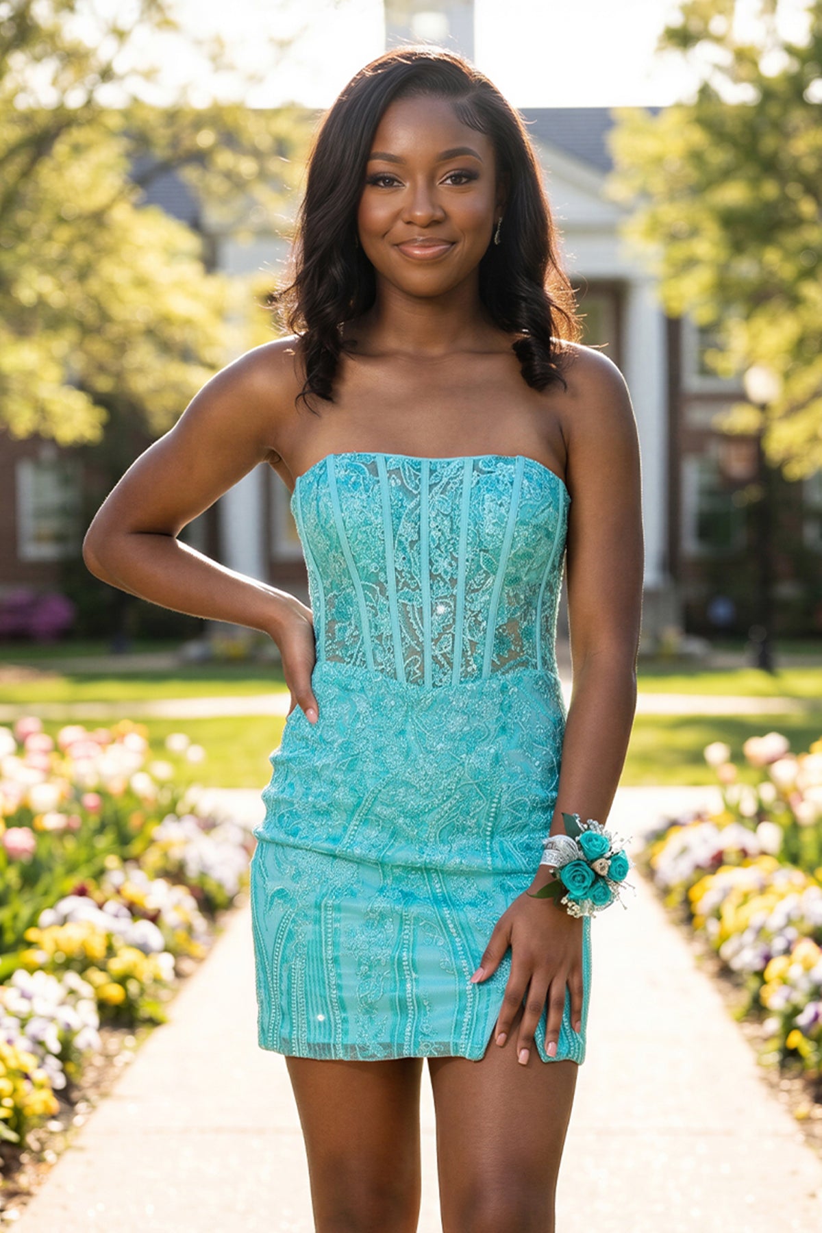 KissProm Turquoise Strapless Bodycon Appliqued Mini Homecoming Dresses With Slit, Turquoise / 18