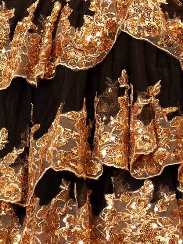 Ronda | Gold Off the Shoulder Applique Ruffle Homecoming Dress - KissProm