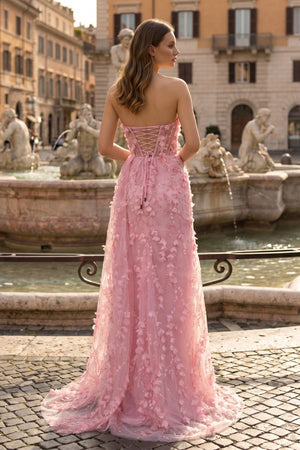 Pink Strapless 3D Floral High Slit Mermaid Long Prom Dress