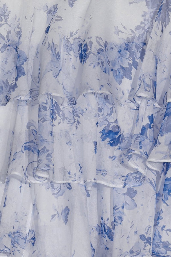 Blue Sweetheart A Line Floral Chiffon Ruffled Formal Prom Dresses With Appliques - KissProm