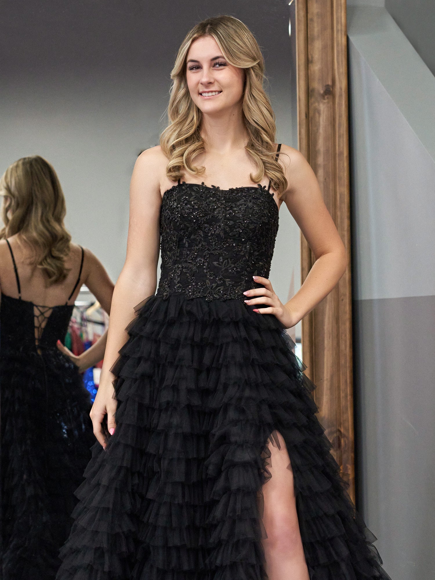 Jordan | Black A-Line Tiered Sequins Tulle Long Prom Dress