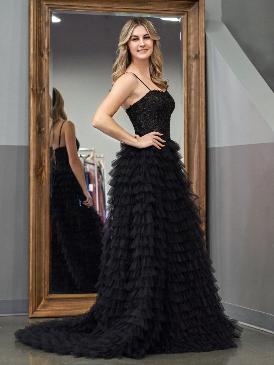 Jordan Black A-Line Tiered Sequins Tulle Long Prom Dress