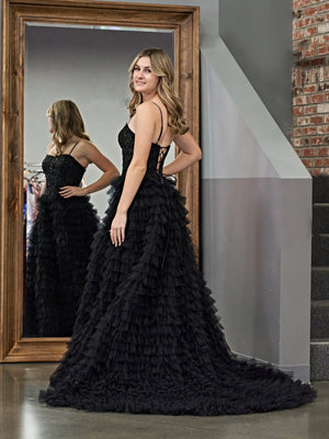 Jordan | Black A - Line Tiered Sequins Tulle Long Prom Dress - KissProm