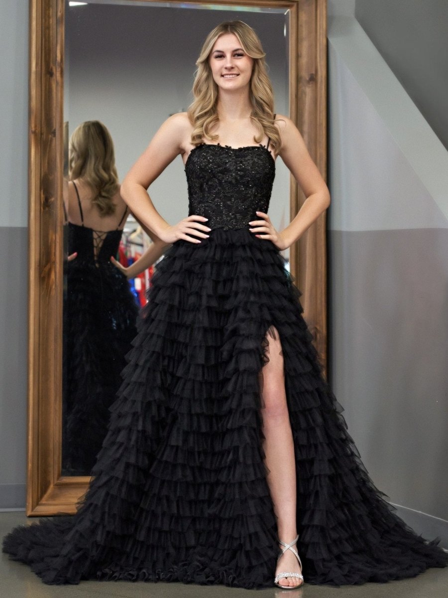 Jordan Black A-Line Tiered Sequins Tulle Long Prom Dress Jordan Black A-Line Tiered Sequins Tulle Long Prom Dress