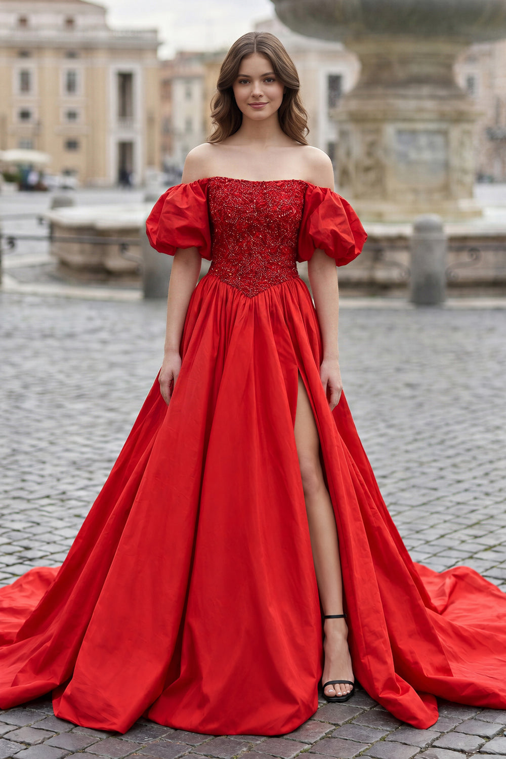 A-Line Off The Shoulder Taffeta Prom Dress With Short Puffy Sleeves
