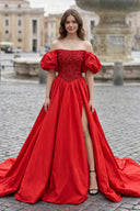 A-Line Off The Shoulder Taffeta Prom Dress With Short Puffy Sleeves