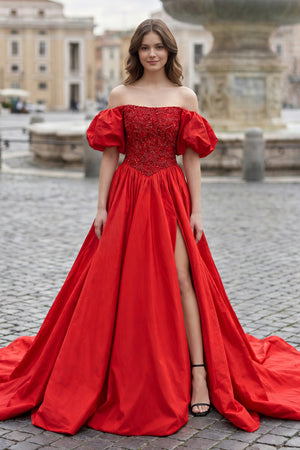 A-Line Off The Shoulder Taffeta Prom Dress With Short Puffy Sleeves