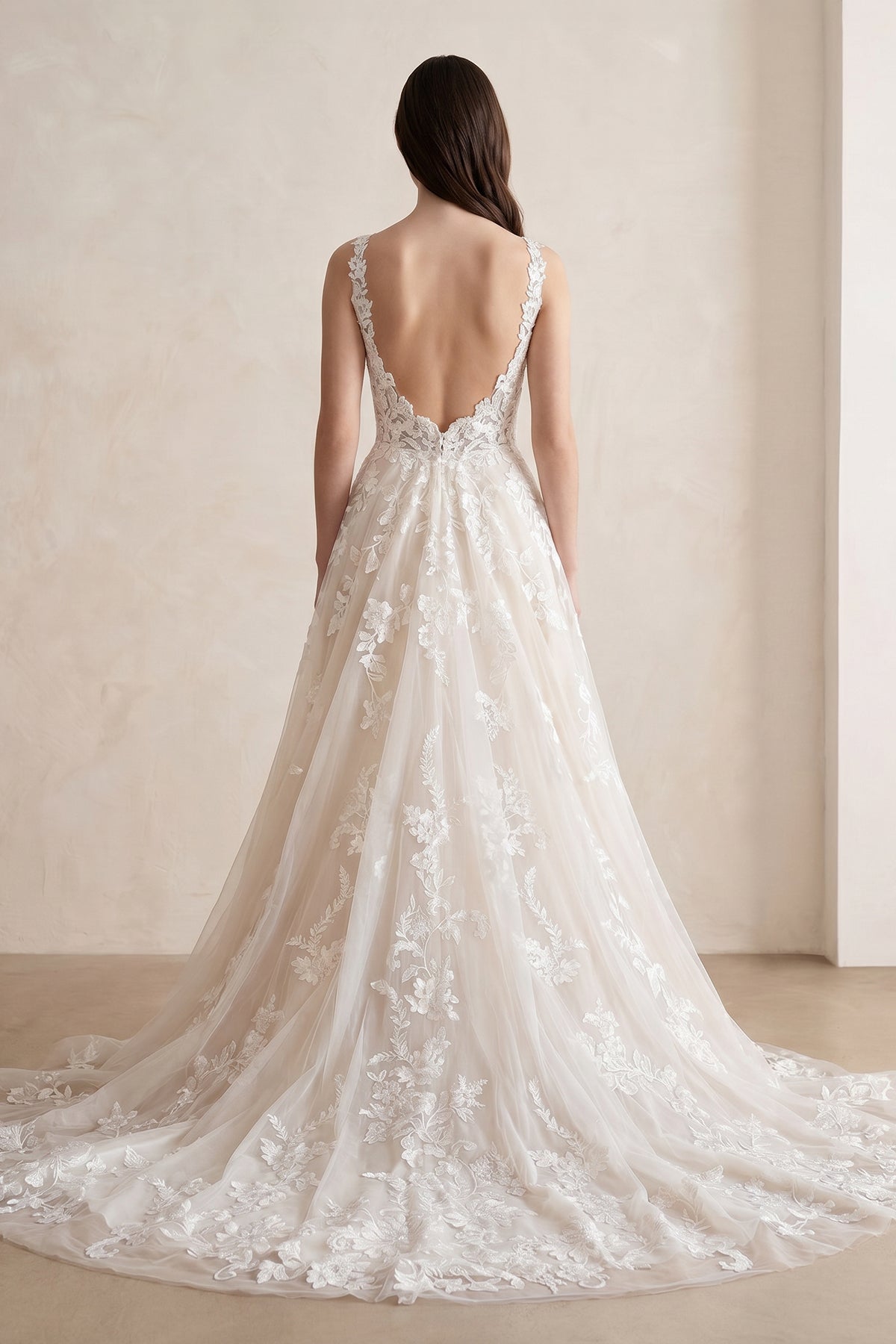 KissProm Ivory V-Neck A-Line Tulle Wedding Dress with Pockets, White-Nude / 26