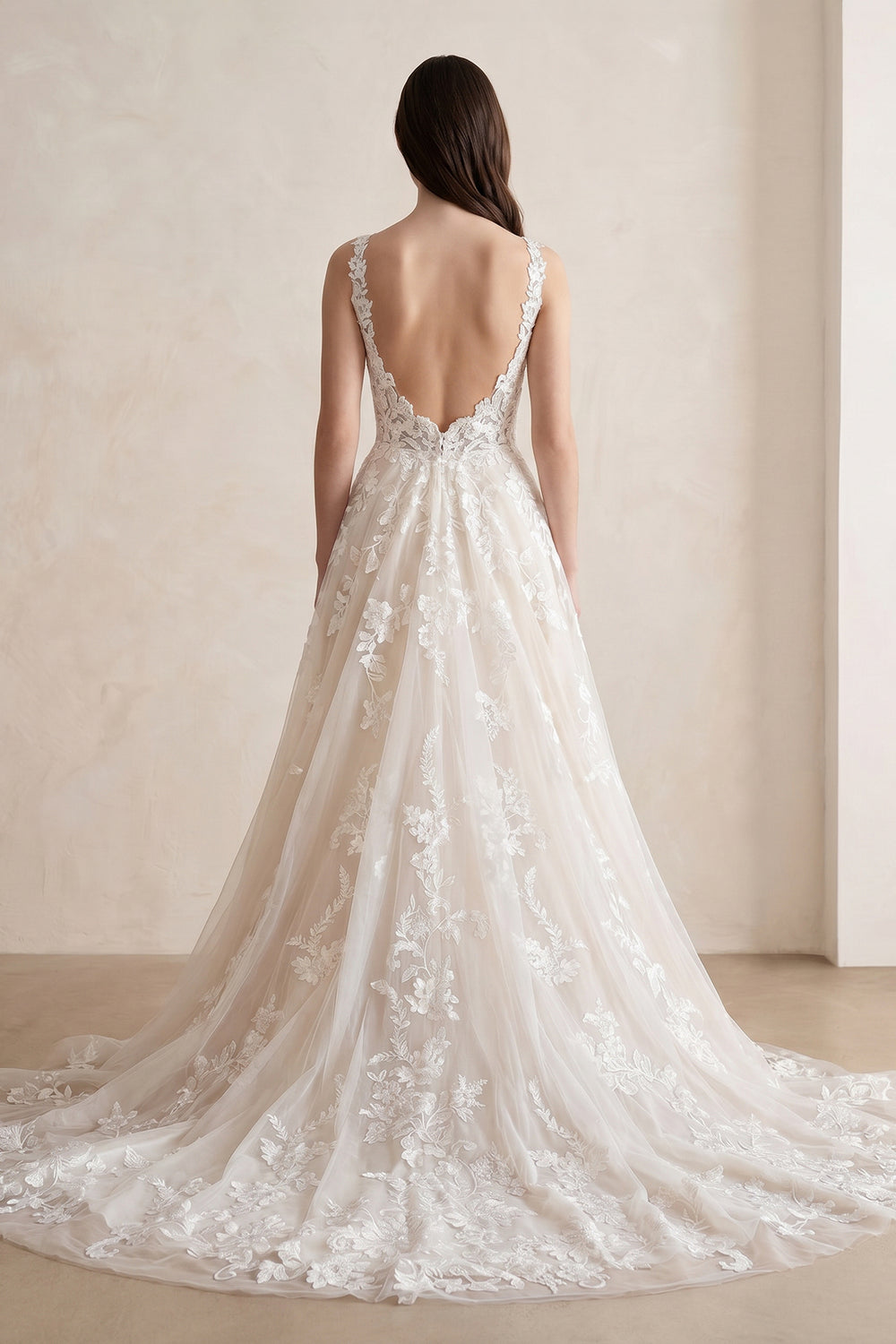 Ivory V-Neck A-Line Tulle Wedding Dress with Pockets
