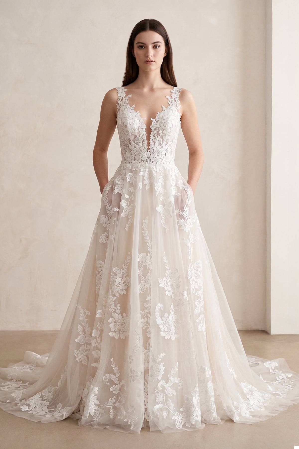 KissProm Ivory V-Neck A-Line Tulle Wedding Dress with Pockets, White-Nude / 26