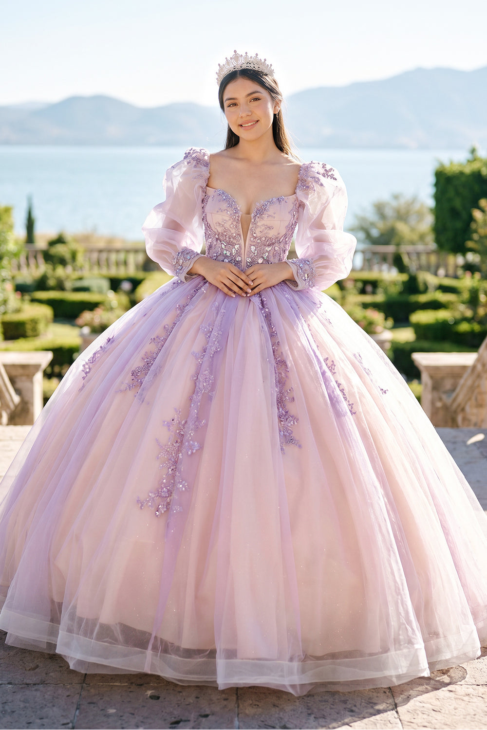 Pink Ball-Gown Tulle Long-Sleeve Quinceanera Dress