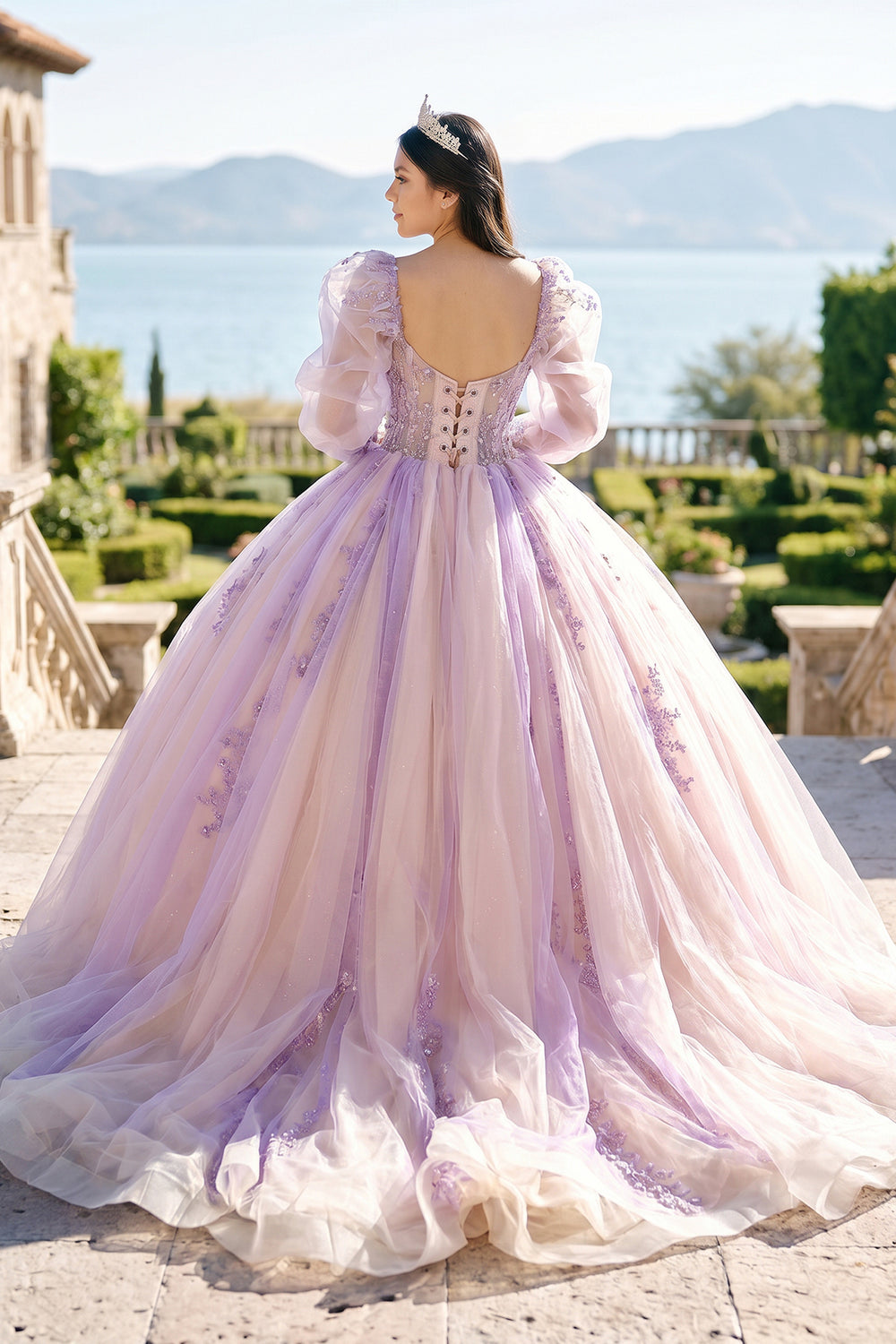 Pink Ball-Gown Tulle Long-Sleeve Quinceanera Dress