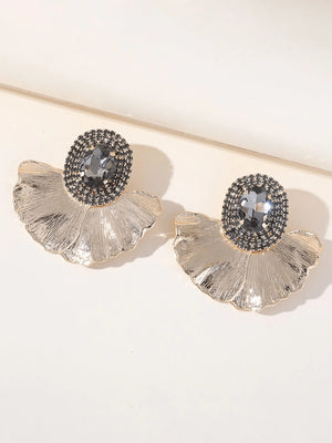 Royal Blue Rhinestones Leaf Floral Oval Earrings - KissProm