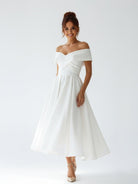 A - Line Satin Tea Length White Off the Shoulder Wedding Dress - KissProm