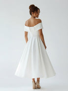 A - Line Satin Tea Length White Off the Shoulder Wedding Dress - KissProm