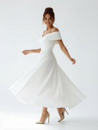 A - Line Satin Tea Length White Off the Shoulder Wedding Dress - KissProm
