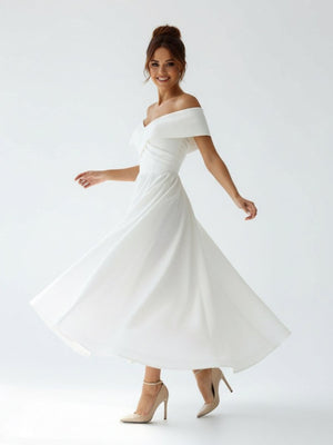 A - Line Satin Tea Length White Off the Shoulder Wedding Dress - KissProm