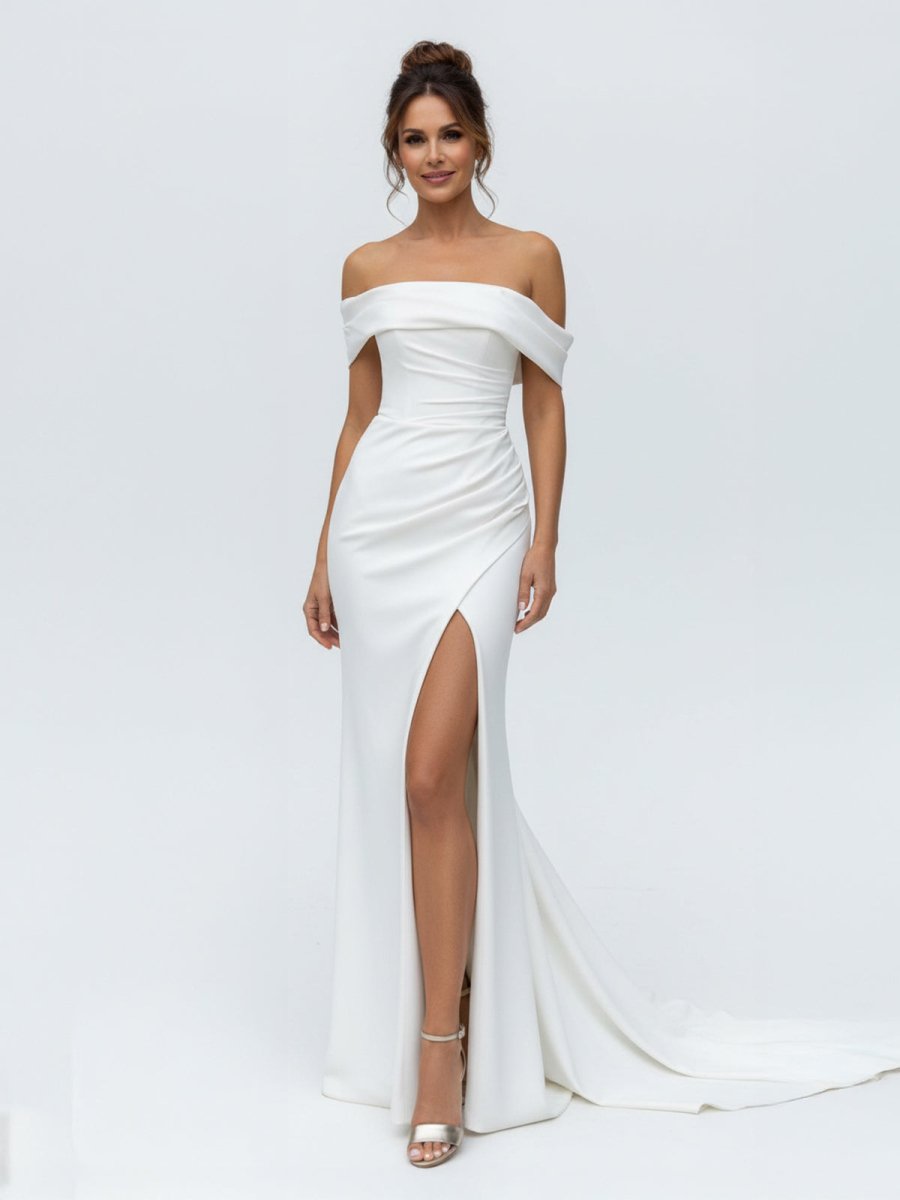 Hathaway | Mermaid Satin Off - the - Shoulder Sheath Wedding Dress with Zipper and Slit - KissProm