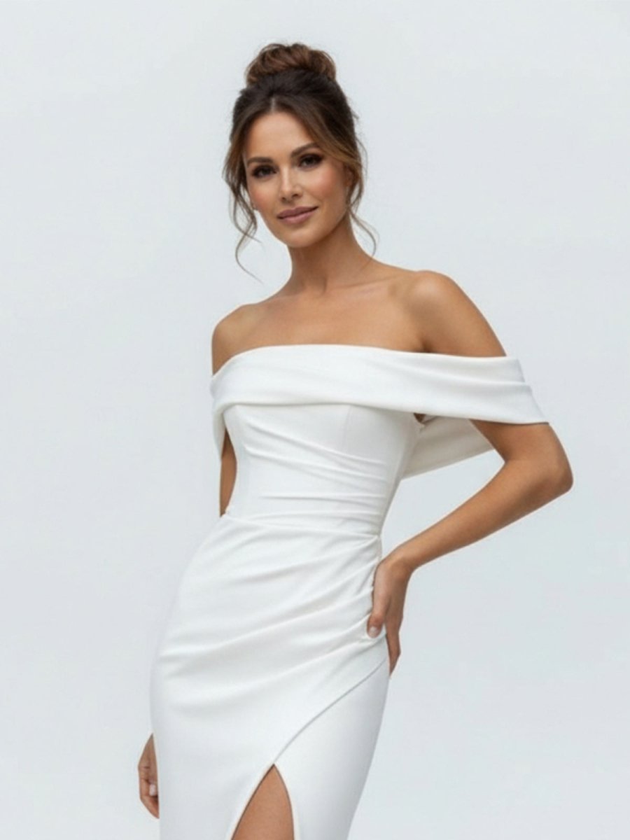 Hathaway | Mermaid Satin Off - the - Shoulder Sheath Wedding Dress with Zipper and Slit - KissProm