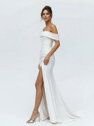 Hathaway | Mermaid Satin Off - the - Shoulder Sheath Wedding Dress with Zipper and Slit - KissProm