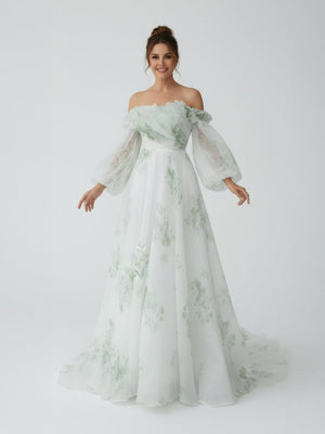 Danica | A - Line Floral Appliqued Majesty Bridal Wedding Dress with Ruffles - KissProm
