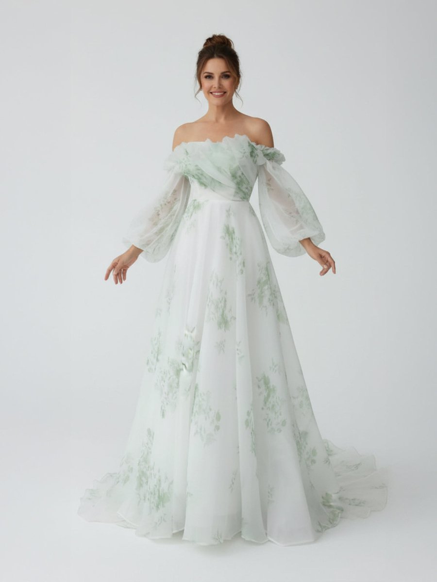 Danica | A - Line Floral Appliqued Majesty Bridal Wedding Dress with Ruffles - KissProm