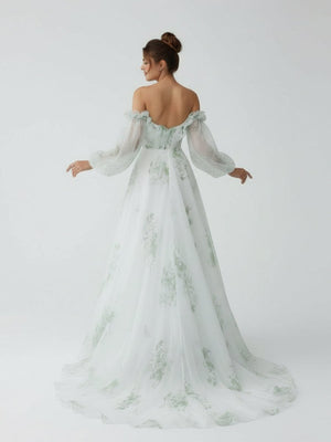 Danica | A - Line Floral Appliqued Majesty Bridal Wedding Dress with Ruffles - KissProm