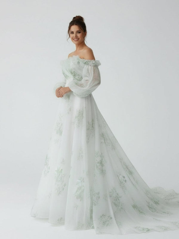 Danica | A - Line Floral Appliqued Majesty Bridal Wedding Dress with Ruffles - KissProm