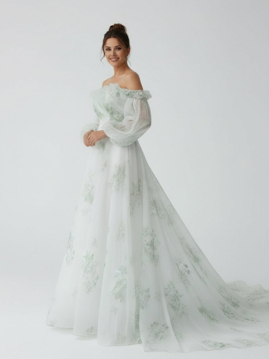 Danica | A - Line Floral Appliqued Majesty Bridal Wedding Dress with Ruffles - KissProm