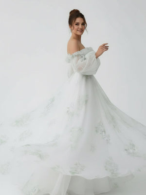 Danica | A - Line Floral Appliqued Majesty Bridal Wedding Dress with Ruffles - KissProm