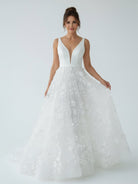 A Line White Tulle Lace Sleeveless Flowers Wedding Dresses - KissProm