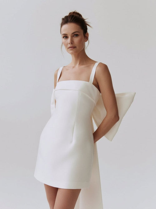 Yvaine | Square Neck White Satin Short Wedding Dress with Bow Back and Veil