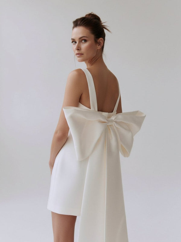Yvaine | Square Neck White Satin Short Wedding Dress with Bow Back and Veil