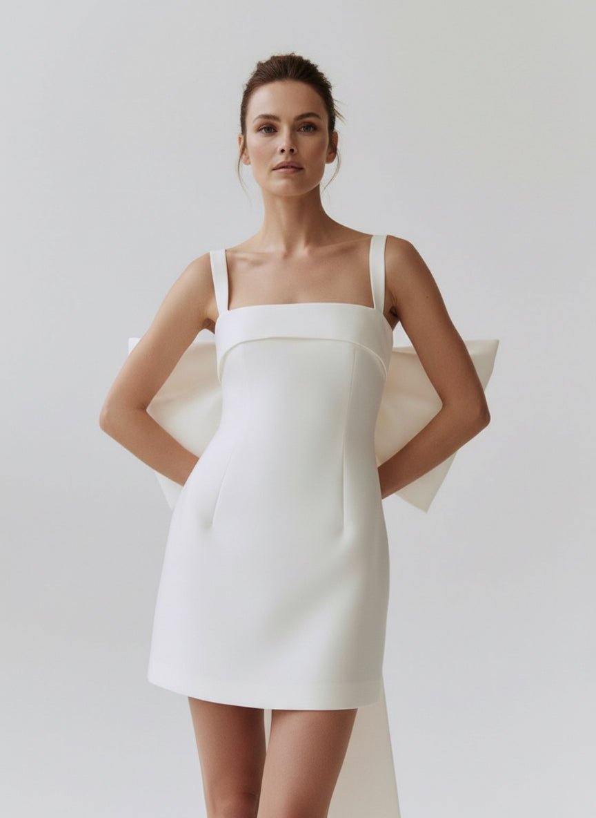 Yvaine | Square Neck White Satin Short Wedding Dress with Bow Back and Veil